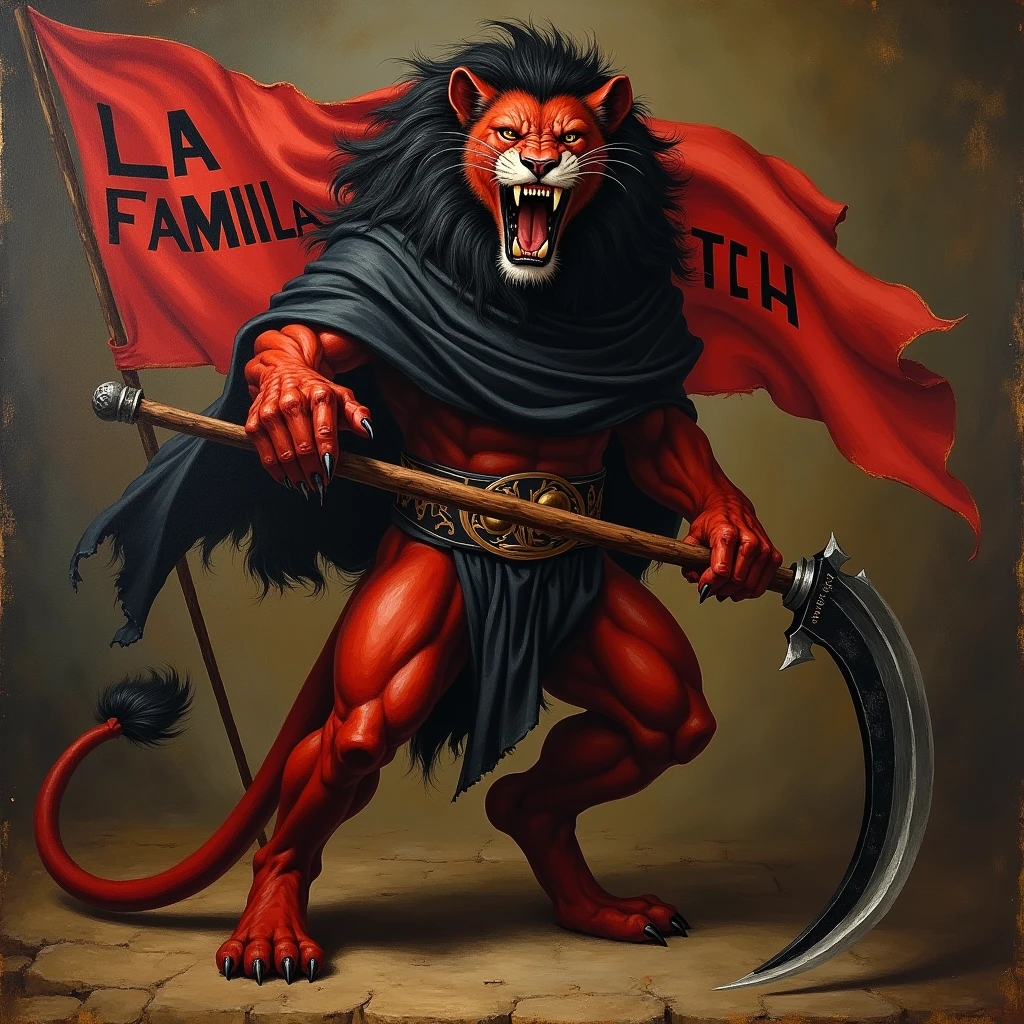 CREATE A PAINTING LIKE Renaissance. ANGRY BLACK RED LION HOLDING DEATH SICKLE WITH BLACK RED SASH AND FLAG. TEXT : LA FAMILIA FORTICH. AND DETAILED IMAGE.