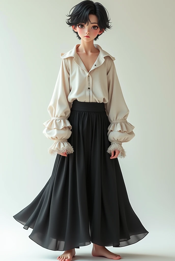 cute boy wearing black long skirt pants with tight long sleeve with ruffles on the wrist area