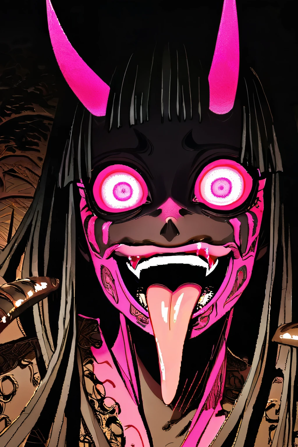 Scary garden at night, masterpiece, perfect face, intricate details, horror theme, raw photo, unp niohxl photo, glowing pink eyes, yokai, brown skin color, demon, looks like mud, big tongue sticking out of mouth, kimetsu no yaiba, Upper Moon Oni, Demon slayer anime style, licking mouth, long arms melting like mud, disgusting, brown mud power, hungry expression