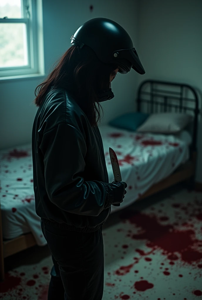 korean girl, (behind corpse, black biker helmet), holding knife, stabbing, black gloves, room full of blood, black raincoat, plump girl, holding knife, black gloves, behind multiple corpse, blood splatter, 20 years old, bed room, black wet suit, night, mass murderer, killer, robbery, dark atmosphere, cinematic lighting, atmospheric realistic, light from the window, close-up,