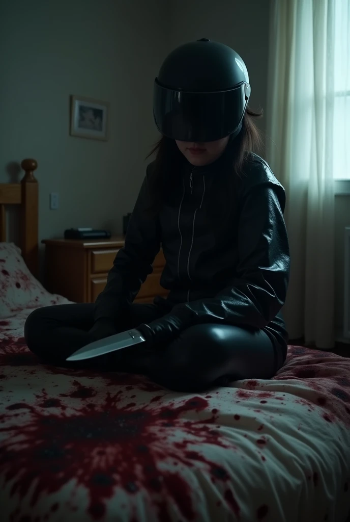 korean girl, (behind corpse, black biker helmet), holding knife, stabbing, black gloves, room full of blood, black raincoat, plump girl, holding knife, black gloves, behind multiple corpse, blood splatter, 20 years old, bed room, black wet suit, night, mass murderer, killer, robbery, dark atmosphere, cinematic lighting, atmospheric realistic, light from the window, close-up,