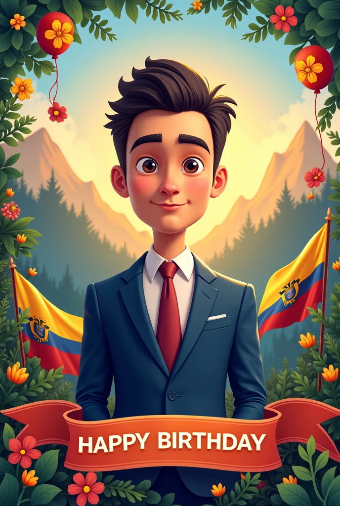 Create a birthday image to celebrate an Ecuadorian Foreign Minister, approximately 30 years old.. The design should include elements that represent Ecuador, like the national colors, the official flag and symbols . The image should show an animated avatar that reflects the approximate age, focusing on the role of the chancellor in an elegant way, while the phrase appears "Happy Birthday". It's important to note that it shouldn't be a realistic human figure but an animated male avatar.