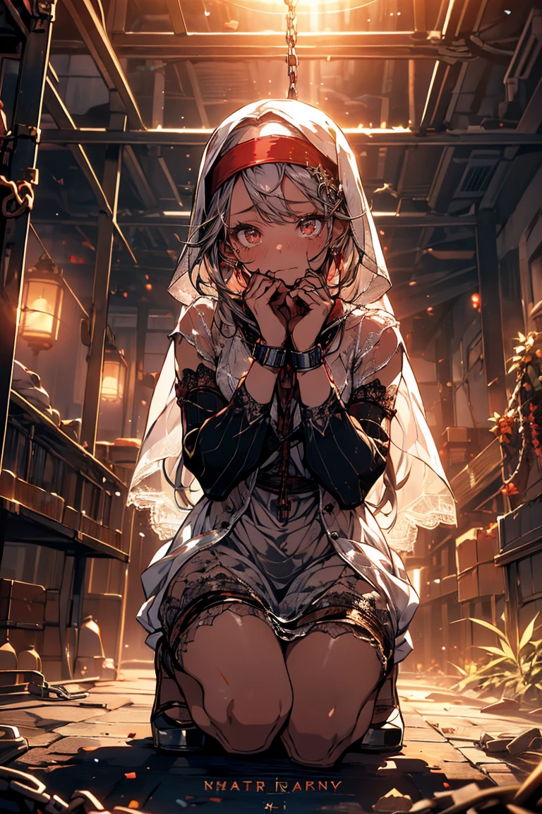 ((nun:1.3,woman)),((Clothes,button-down)),((See-through dress:1.0)),{Mature Woman},(Ecstasy:1.2),((tears:1.1)),Professional Illustration,{Squint eyes},Very detailed, Dynamic Angle, ((Perfect hands)), Smooth, lustrous skin, Thin Hair, Beautiful Eyes, Great background,Cinema Lighting, Ray Tracing, Sacred Light, perspective,(lace panties),(At church),(Embarrassing,blush),(Ahegao:1.2),hair, ((((Red eye)))) ,squatting, legs apart, tied back with a rope, chained, hands chained, Bondage, slave collars, chains around the neck, in a dark basement, cobblestones with an eerie cold atmosphere, tied behind the hands with ropes, ((silver big chains, hung by chains, pulled up by chains)), ((Restraints, slaves)), contempt, tears, shackles, shackles, charm, submission, necklaces, oily skin,