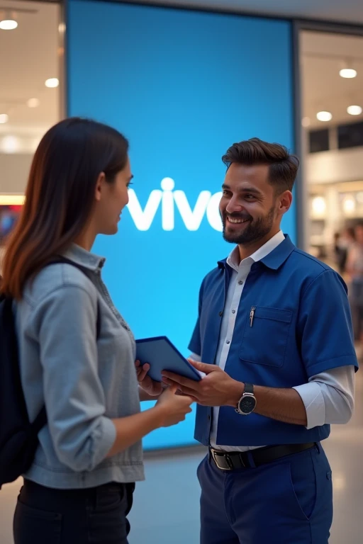 Generate an image of a Vivo salesperson handing a brochure to a customer. The salesperson should be wearing a Vivo-branded uniform (blue and white colors) and standing outdoors or near the entrance of a Vivo store. The customer should look engaged and interested. The environment should be bright and welcoming, with the Vivo logo subtly visible in the background."
