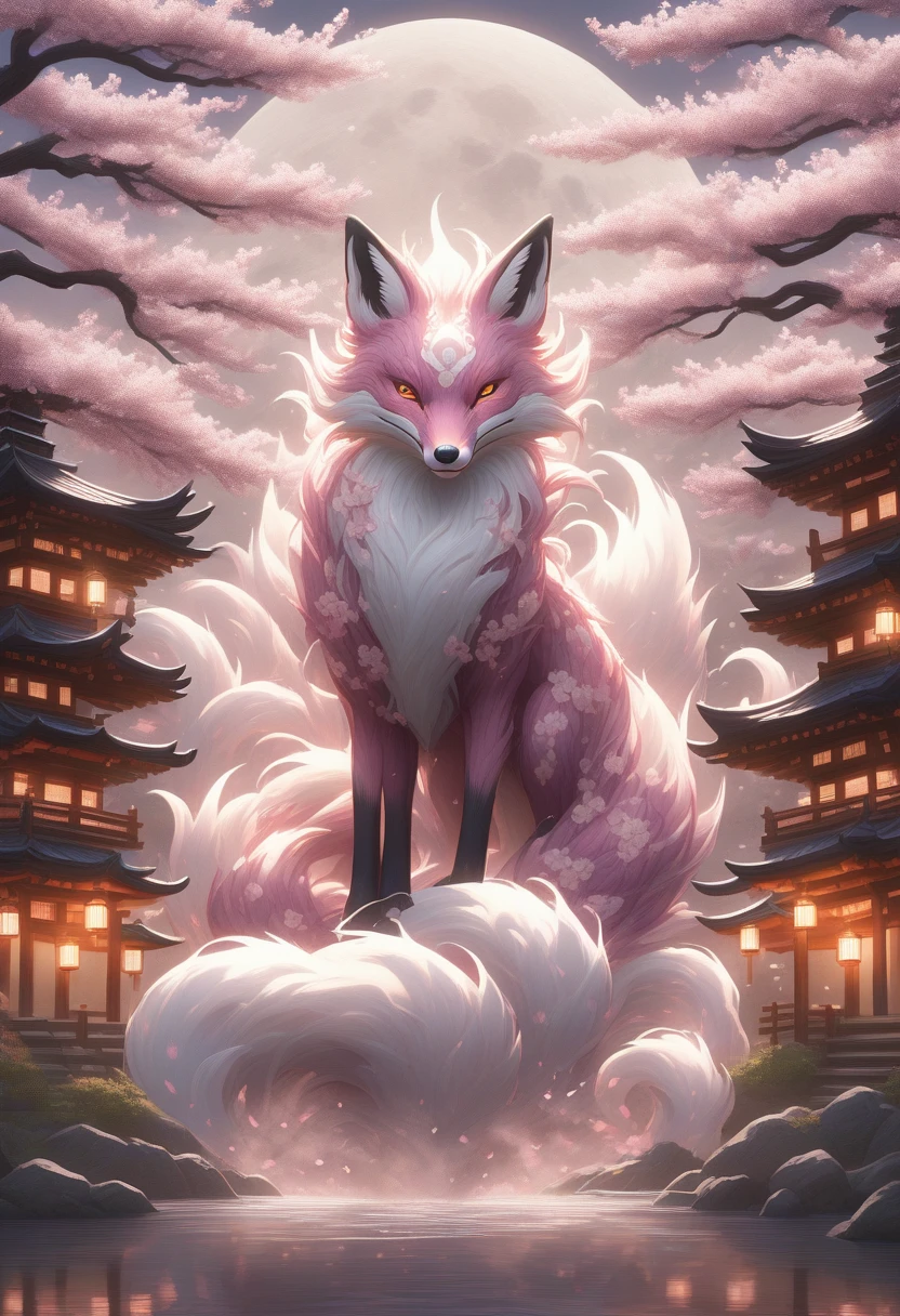 Set in ancient Japan、Create a digital artwork that captures the mysterious and fascinating presence of foxes。. Foxes should be depicted partially transformed., The fox form has multiple tails and emits a magical aura., 

Traditional Japanese villages and shrines, Surrounded by cherry blossoms in full bloom and paths lit by lanterns. The sky will be a mix of deep purple and pale pink at dusk., The moonlight shines through the cherry blossoms, 

Focus on ultra-detailed textures, The fox&#39;s glittering tail, etc., intricate patterns on kimono, And a glowing sphere of foxfire surrounding it.. Cherry blossom petals and traditional Japanese architecture should be depicted realistically, Dynamic lighting and shadows enhance the overall look of the scene.. 
