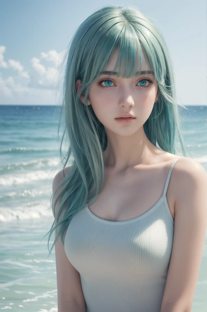 Medium Shot,high quality, masterpiece, (Realistic, photo-Realistic:1.2) ,High resolution, Super detailed, RAW Photos,Depth of written boundary, One person, Green Eyes, Bob Hair, Pastel blue hair,bangs, Portraiture, Upper Body, shoulder, Ivory skin-tight shirt, Simple Background, Ocean Background