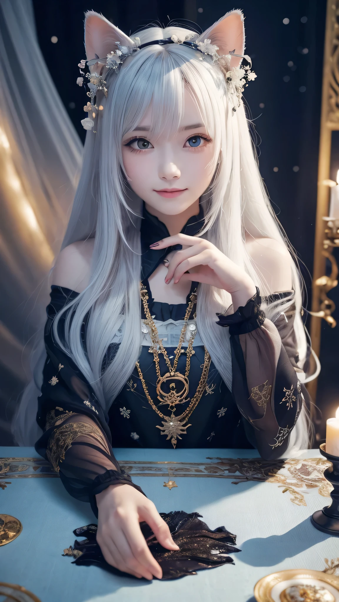 (masterpiece, highest quality, highest quality, official art, beautiful and aesthetic: 1.2), (one girl: 1.3), wavy long hair, white hair, Cat ears on the head,highly detailed portrait, highly detailed hands, looking at the viewer, alone, (whole body: 0.6), detailed background, close, shining eyes, (cold arctic winter theme: 1.1), fortune teller, Charlatan, grin, Mysterious, sitting at the table, カラフルな肩のないゆるいジプシーfortune tellerの服, holy grail, tarot cards, Crystal jade, Medieval (inner tent: 1.1) background, tent curtain on background, dark Mysterious lighting, Shadow, magical atmosphere, starry night, dutch angle, healing and guidance, transcendental beauty, fractal art, Seaweed,