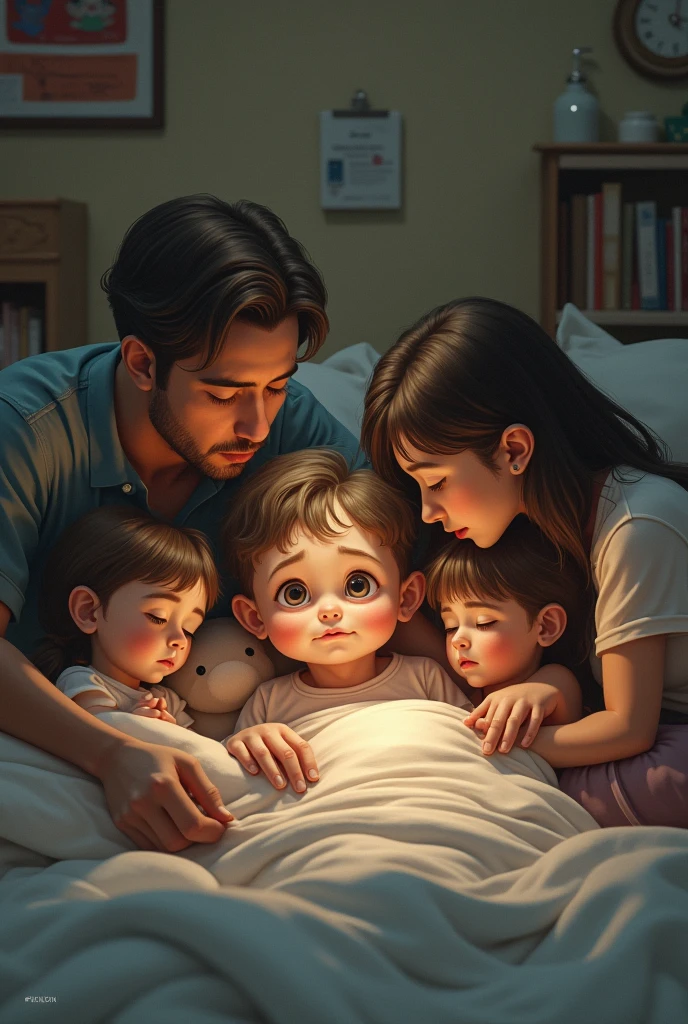 A sick child with their family in their room 