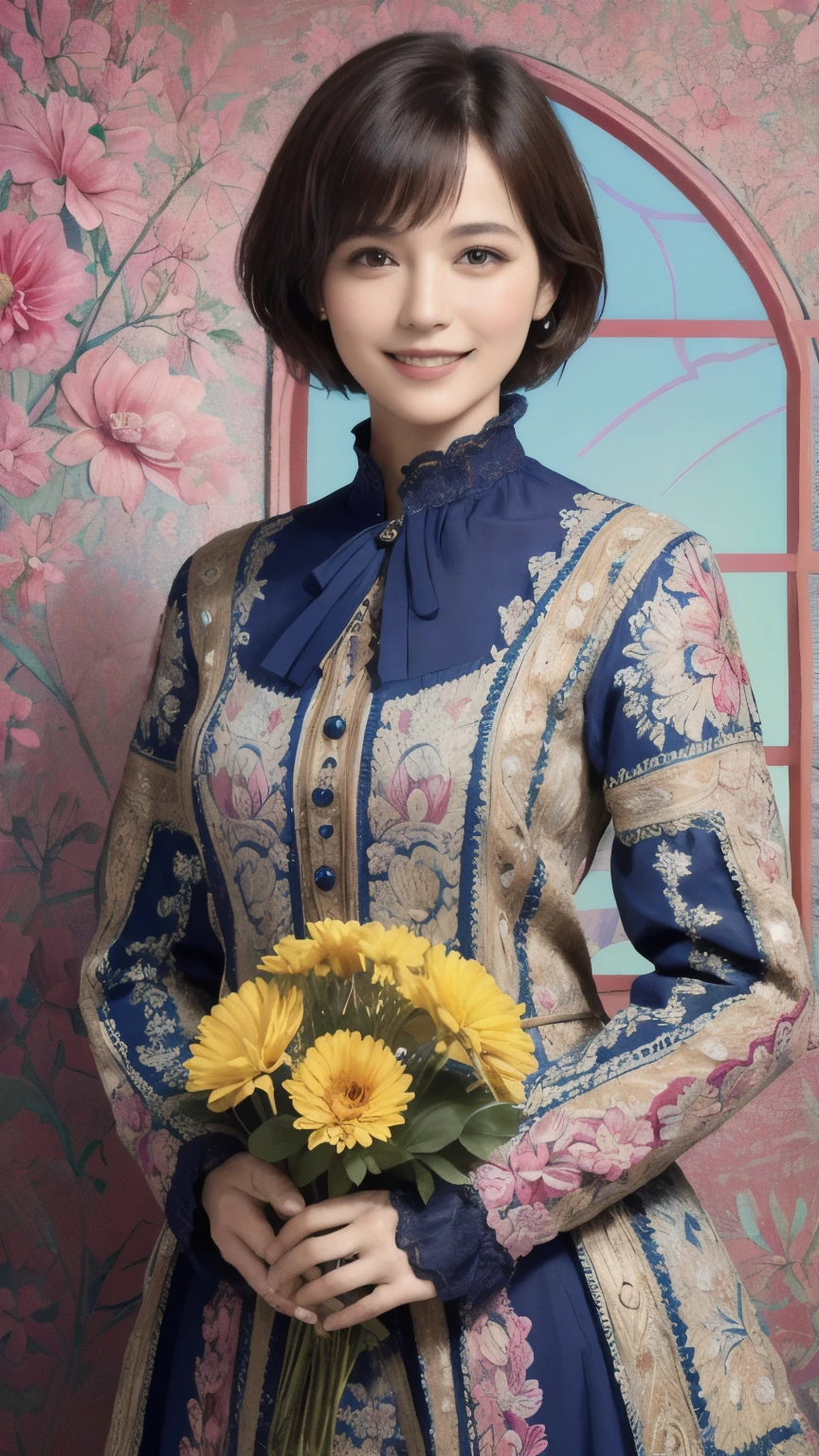 271 (20-year-old woman,short hair), (masterpiece, Highest quality, beautiful:1.2), Very detailed, (Fractal Art:1.1), (colorful:1.1), (flower:1.3), whole body, (Abstract background:1.3), (Many colors:1.4), (Old-fashioned smile), (window)
