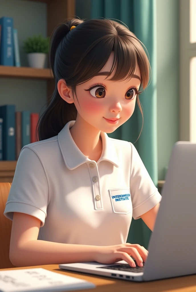 Disney girl wearing a white polo shirt, sitting with her computer( complete macbook) studying languages virtually
In the shirt pocket it should say: INTERCONNECTED INSTITUTE, only in blue letters and uppercase (not so big letters in one line) 

