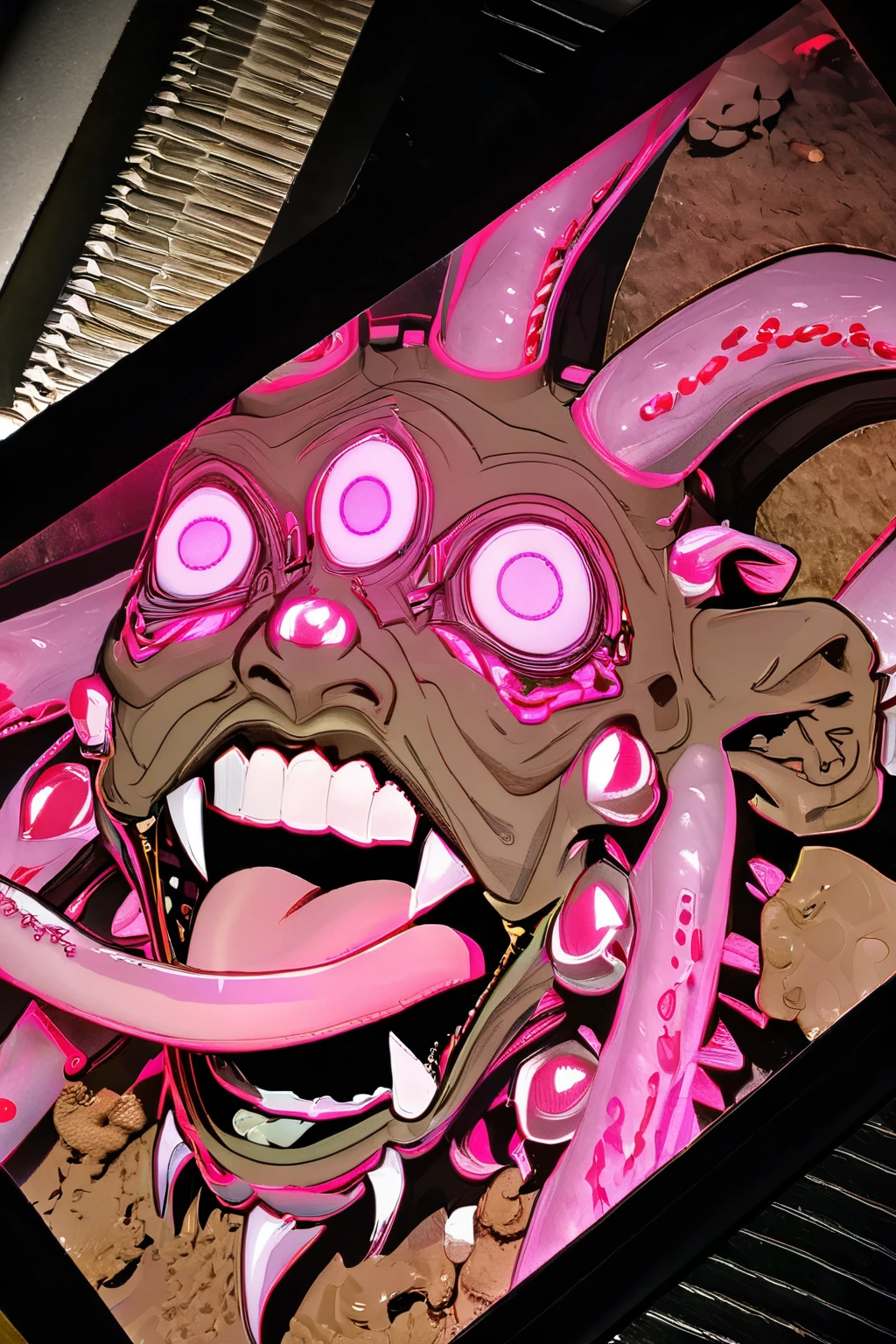 Scary garden at night, masterpiece, perfect face, intricate details, horror theme, raw photo, unp niohxl photo, glowing pink eyes, yokai, brown skin color, demon, looks like mud, big tongue sticking out of mouth, kimetsu no yaiba, Upper Moon Oni, Demon slayer anime style, licking mouth, long arms melting like mud, disgusting, brown mud power, hungry expression