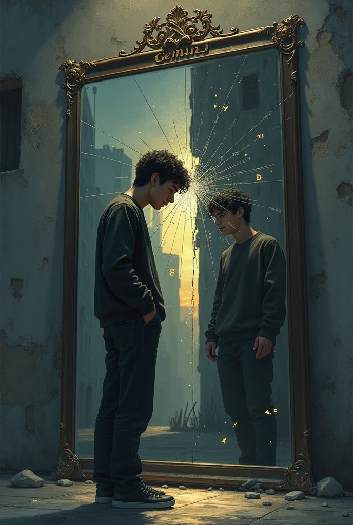 
**prompt:** Create a dark and melancholic scene that shows a young man standing in front of a cracked mirror. The reflection shows two sides of him: one side shining with a soft golden light, symbolizing his true self, and the other dark side, in shadows, representing the person society wants him to be. The background is urban, with ruined walls and dimly lit streets, adding a feeling of decay and struggle. The colors should be muted, with deep shades of blue, gray, and touches of gold. In the reflection, faint digital symbols, as "Likes" and numbers, float around, emphasizing social pressures. The young man should be dressed in urban clothing, looking determined yet conflicted. On the mirror, words "Gemini" are inscribed in a gothic and ornate font.