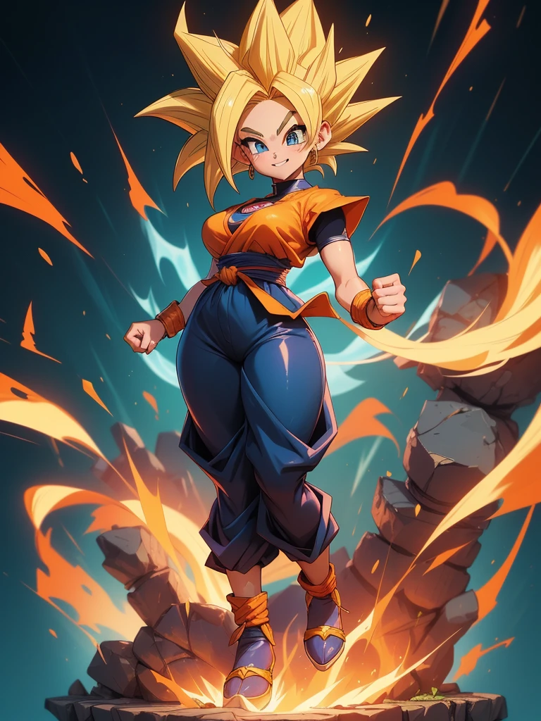 {((Full body photo, flat feet, straight body, Dragon Ball anime style))}, {((Laura/female, large breasts, extremely beautiful))}, {((she's wearing the ultra super saiyan+Super Saiyan instinct wearing Son Goku's costumes+extremely tight on her body))}. {In a futurist}. {She's in her clothes and body extremely sweaty}; {(She's looking at the viewer, smiling, fists clenched, concentrating magical aura on her hands, in a frontal attack pose)}. Dragon Ball anime, high detail, anime, 16k, UHD, retina, retina, ccurate, anatomically correct, textured skin, super detail, high quality, award-winning
