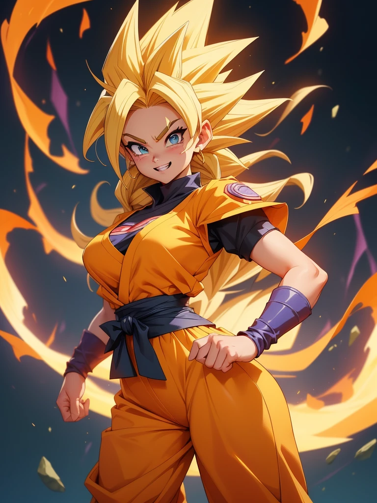 {((Full body photo, flat feet, straight body, Dragon Ball anime style))}, {((Laura/female, large breasts, extremely beautiful))}, {((she's wearing the ultra super saiyan+Super Saiyan instinct wearing Son Goku's costumes+extremely tight on her body))}. {In a futurist}. {She's in her clothes and body extremely sweaty}; {(She's looking at the viewer, smiling, fists clenched, concentrating magical aura on her hands, in a frontal attack pose)}. Dragon Ball anime, high detail, anime, 16k, UHD, retina, retina, ccurate, anatomically correct, textured skin, super detail, high quality, award-winning