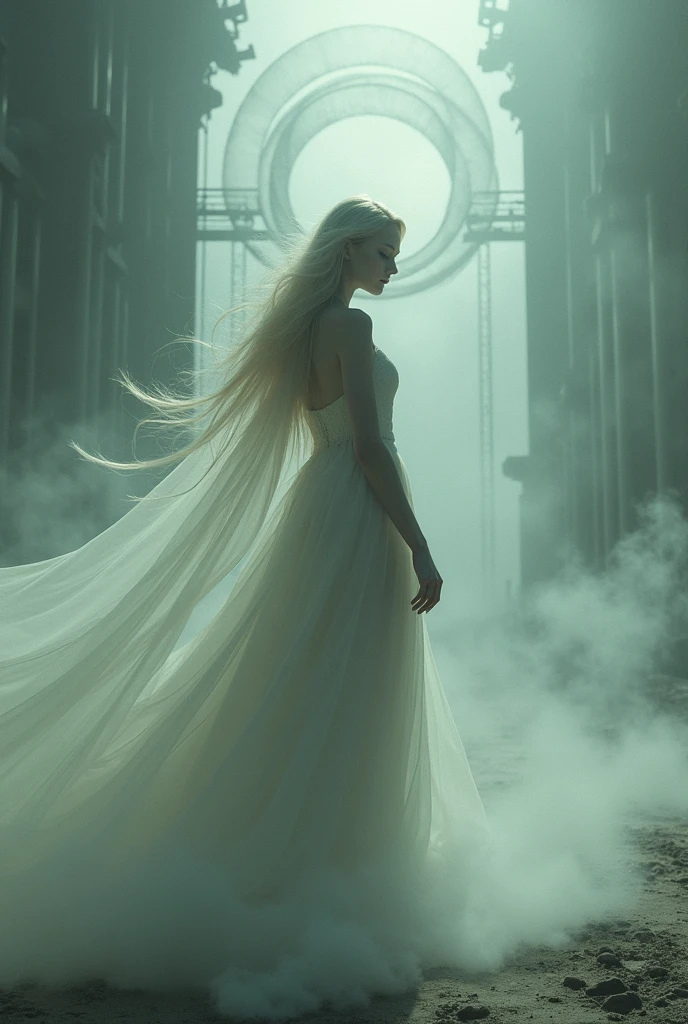 full body shot of a blonde woman in the style of dystopian fantasies, otherworldly illustrations, desaturated colors, color negative, hyper-realistic human illustrations, horror academia, spirals, made of mist