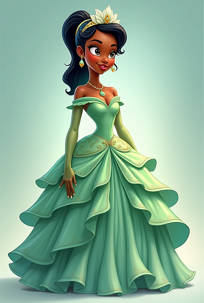 A 2d cartoon picture of Tiana in her iconic dress from Disney's *The Princess and the Frog*, Tiana shines in an enchanting gown inspired by a water lily. The dress features a fitted bodice with delicate, petal-like layers extending from the waist and cascading into a voluminous skirt. The gown is a soft, shimmering green with intricate floral accents, evoking the elegance of a lily pad. A tiara with a lily motif completes the look, highlighting her grace and the magical transformation into a princess.