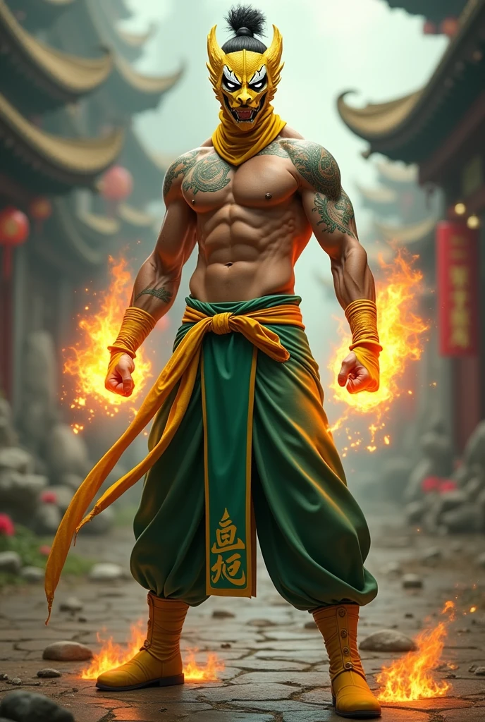 1man, shirtless, martial arts, yellow open chin cowl mask, white dragon-like eye patterns with black outline , muscular, green costume, yellow belt and boots, burning fists, dragon tatto, mystical city background