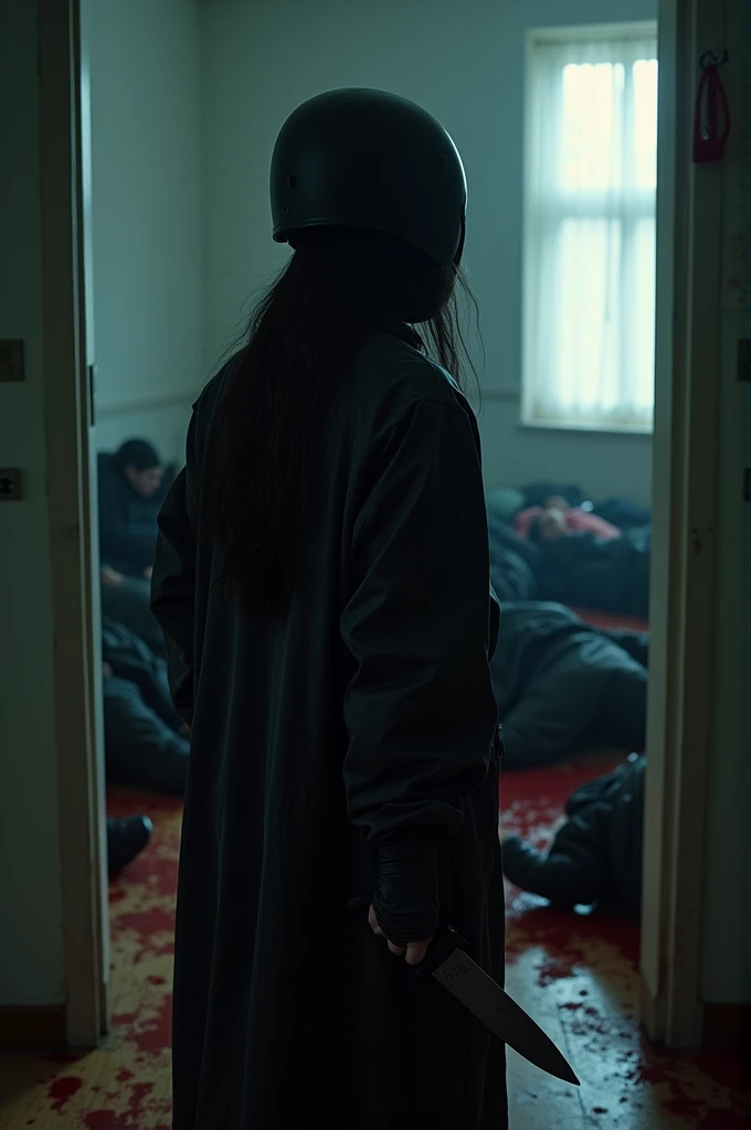korean girl, (behind multiple corpse, black biker helmet), holding knife, stabbing, black gloves, room full of blood, black raincoat, plump girl, holding knife, black gloves, behind multiple corpse, blood splatter, 20 years old, black wet suit, night, mass murderer, killer, robbery, dark atmosphere, cinematic lighting, atmospheric realistic, light from the window, close-up,