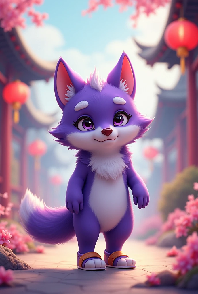 a purple wolf,cute,Wearing shoes,walking carefully,The expression is nervous,background chinese style,