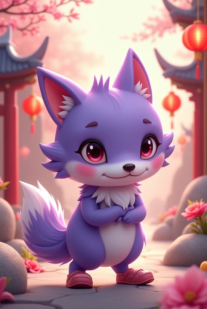 a purple wolf,cute,Wearing shoes,walking carefully,The expression is nervous,background chinese style,