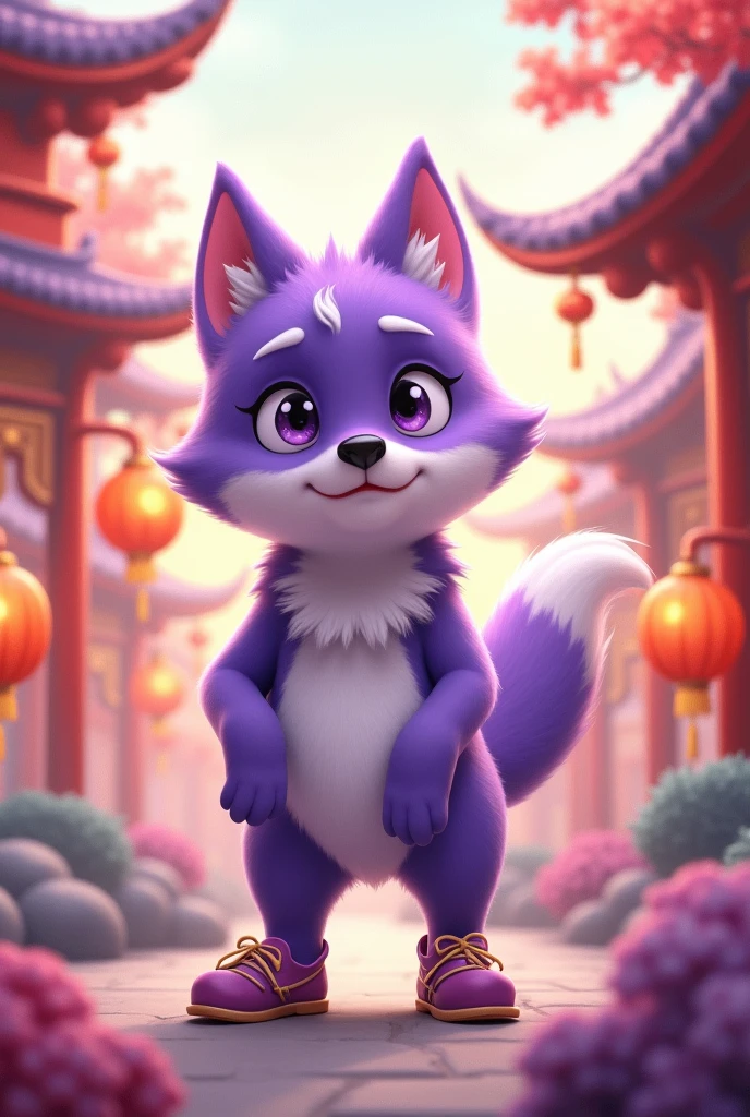 a purple wolf,cute,Wearing shoes,walking carefully,The expression is nervous,background chinese style,