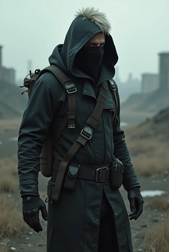 Tall man with no beard wearing a black hooded mask that covers his nose and mouth, offwhite, hair that only goes to his forehead equipped in a post-apocalyptic world with black clothes