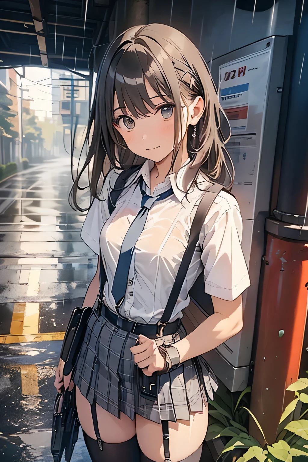 1 female, , high quality, masterpiece, Ultra-high resolution, Cinema Lighting, 1 female, , high quality, masterpiece, Ultra-high resolution, , Cinema Lighting, suspenders　　　Moderate breasts　 　 　　　　　 　　　　Small face　 　　　　　　　　　　　Looking up　　　　Sweat 　　　Thin belt　buzzer　脇Sweat 　　　　 　garter belt　　Belt on pants　　holster　 　　Hands behind your back　 　Looking up　Anxious face　Knee-high　Knee socks　Knee-highソックス 　garter　ふとももにgarter belt　Checkered mini skirt　 　　Panty shot　Skirt gap Armament　　　holster　holster 　　Hands behind your back　 Anxious expression　　Anxious face, legs apart　Armament　　Leg Holster　holster　See-through clothing　heavy rain　Rain-soaked dress shirt,Moderate breasts　ガーターbelt　suspenders　Garter on the thigh　Checkered mini skirt　Looking up　Pause　belt　Armpit sweat　Hands behind back　Raise your hands