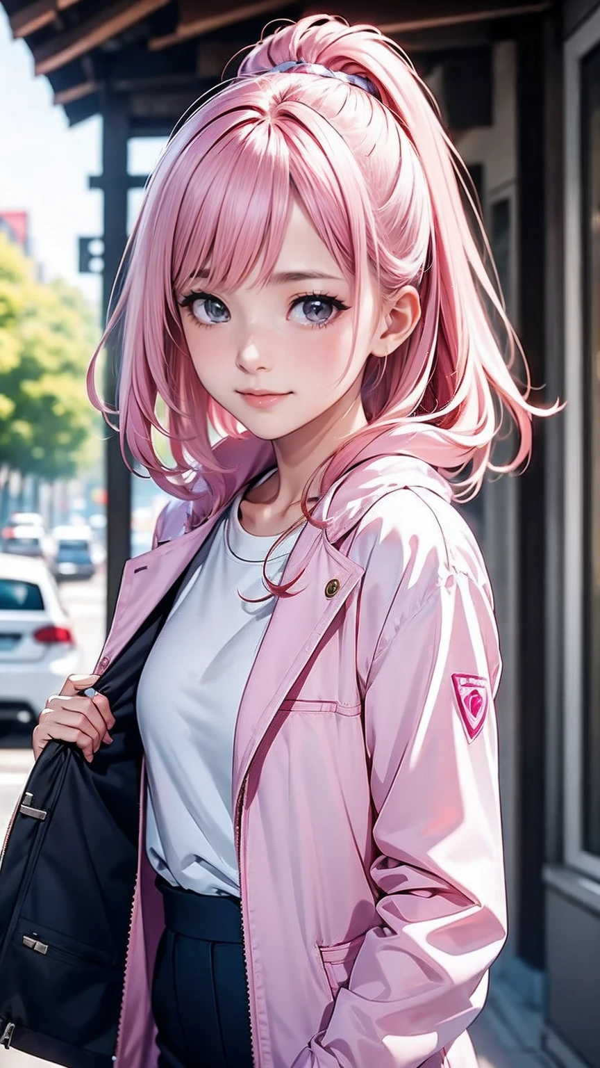A pink-haired woman in a white jacket with pink accents and a large white top.