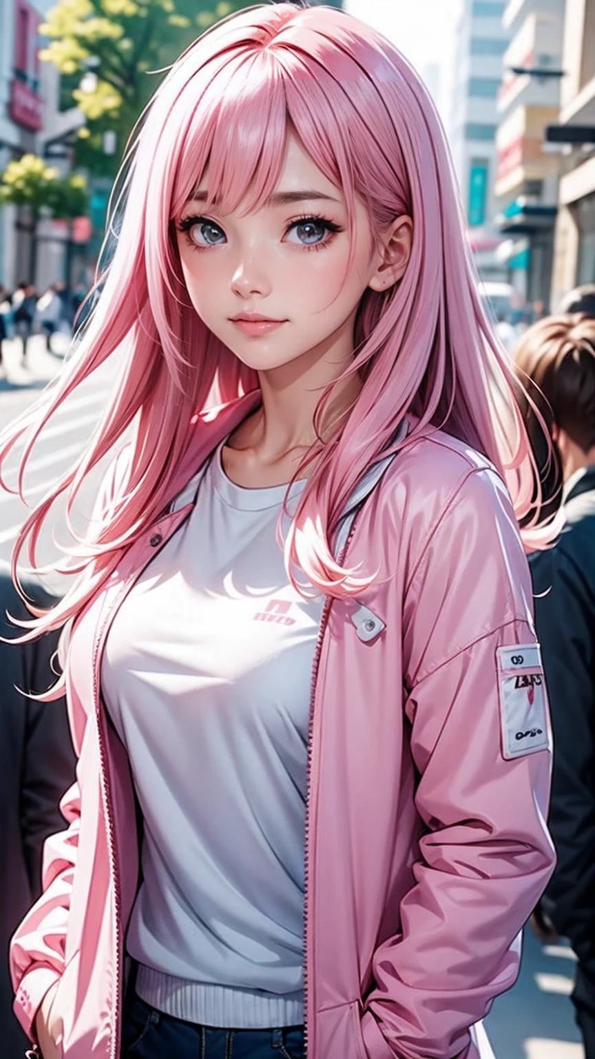 A pink-haired woman in a white jacket with pink accents and a large white top.