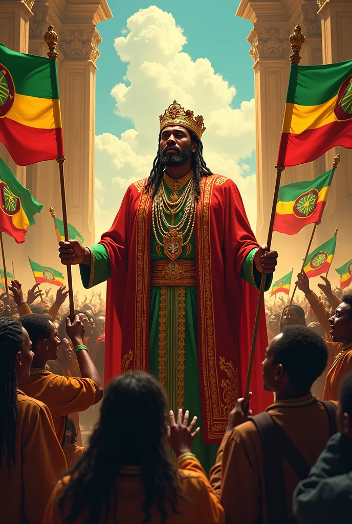 Reggae album cover of the great emperor Jah Selassie liberating Ethiopia in a large space like a castle,  being revered by all its people and flags of Ethiopia , 80s reggae aesthetic