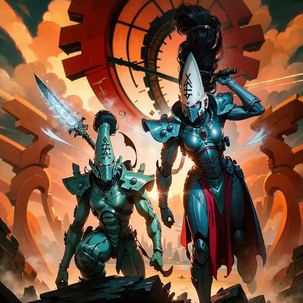 Yvraine, an elegant and formidable Aeldari warrior, dressed in her rune-adorned robe, wielding the sword Kha-vir, surrounded by a luminous and ethereal aura. Beside her, the Visarch, a towering warrior in ceremite armor, brandishing his cruel sword Asu-var, in a protective and battle-ready stance. The scene is set on a futuristic battlefield, with debris and flashes of dark and bright energy around. The image should be in 4K resolution and highly detailed, exquisite and mature manga art style, high definition, best quality, highres, ultra-detailed, ultra-fine painting, extremely delicate, professional, anatomically correct, symmetrical face, extremely detailed eyes and face, high quality eyes, creativity, RAW photo, UHD, 8k, Natural light, cinematic lighting, masterpiece-anatomy-perfect, masterpiece:1.5