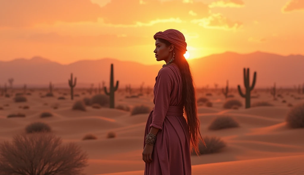 Desert Sunset Nail Art with a Nomad Model: The nails are painted with the warm hues of a desert sunset, featuring soft oranges, pinks, and purples that fade into each other. Silhouettes of cacti and desert dunes are detailed on the tips. The background model is dressed as a nomad, standing in the middle of a vast desert landscape with the setting sun casting long shadows. The colors of the sunset blend into the background, creating a seamless transition from the nails to the desert scene.


