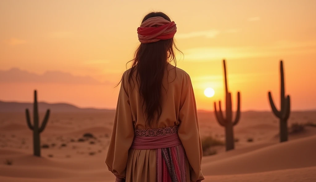 Desert Sunset Nail Art with a Nomad Model: The nails are painted with the warm hues of a desert sunset, featuring soft oranges, pinks, and purples that fade into each other. Silhouettes of cacti and desert dunes are detailed on the tips. The background model is dressed as a nomad, standing in the middle of a vast desert landscape with the setting sun casting long shadows. The colors of the sunset blend into the background, creating a seamless transition from the nails to the desert scene.