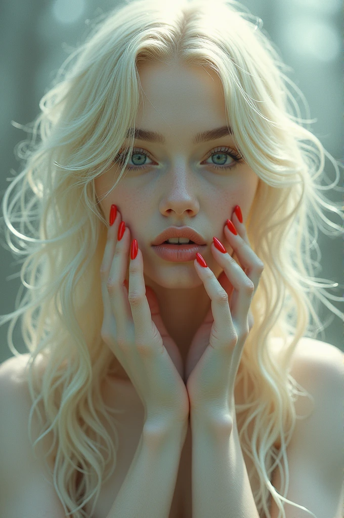 Skin color: white Hair color: blonde Clothing type: gender: white, barefoot, red nails