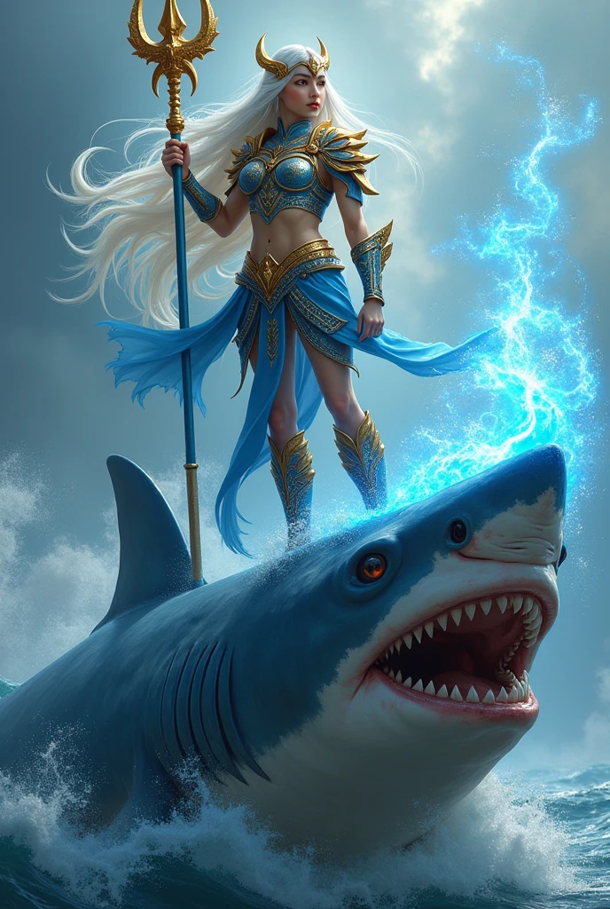 A Thai female warrior with long white hair, blue and gold armor, a golden trident with a blue wave light, standing on a shark.