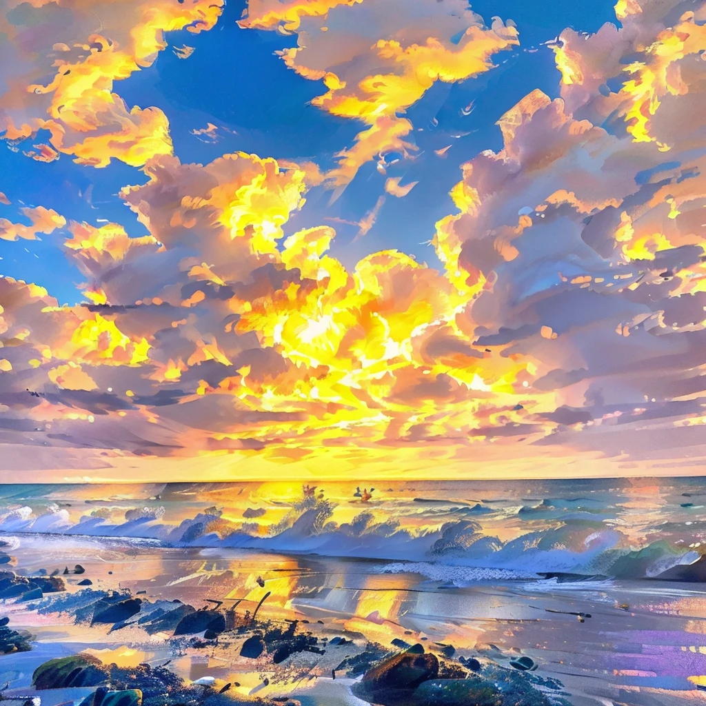 A vast beach at dawn, with golden sand that stretches to the calm sea. The sky displays soft shades of orange, pink and blue, As the sun begins to rise on the horizon. Light waves break gently on the shore, creating a foamy trail in the wet sand. to the left, there are some palm trees slightly tilted by the wind, and scattered along the beach are several colorful tents, some made of striped fabric, others with solid tones. Some tents have beach chairs set out in front, still empty, waiting for the first visitors of the day. deeper, shells and small stones decorate the sand, and seagulls fly over the water, complementing the peaceful and welcoming atmosphere of the scene.