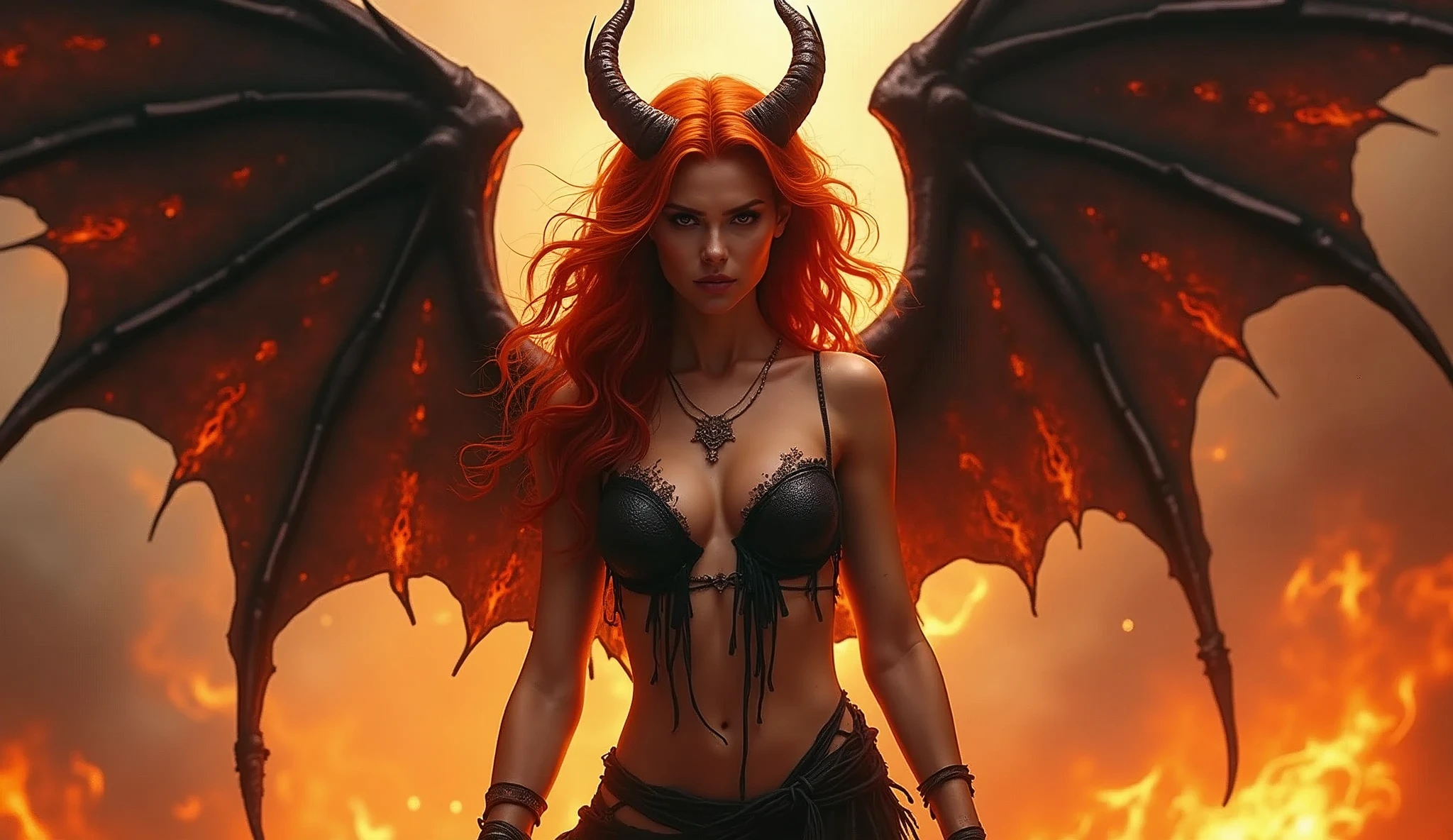 Enchanting female demon with obsidian black wings and fiery red hair, wearing a tattered, yet seductive outfit that seems to burn at the edges, her gaze intense and magnetic, set against a backdrop of a fiery abyss, with flames and smoke rising around her.
