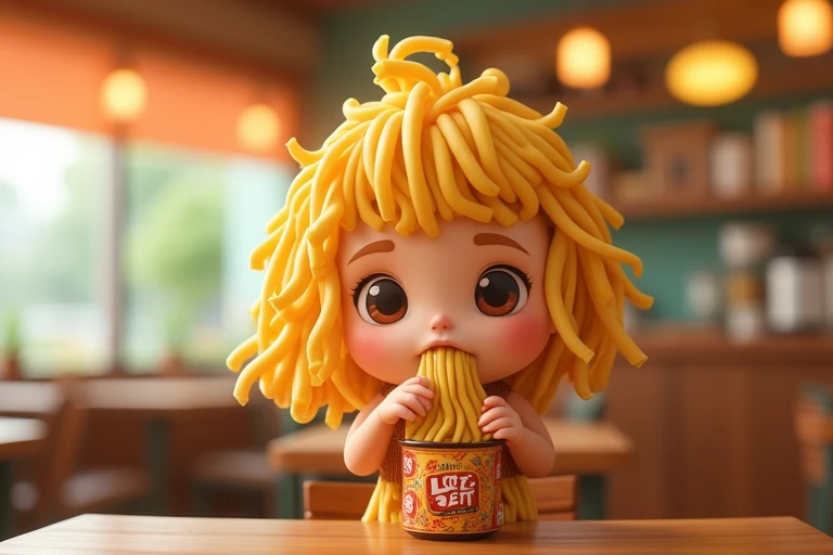 8k, Bokeh photo, Fujifilm, style photo of a Product as stick noodles which live in cartoon character, who called "Lidi Yoi" in a friendly restaurant (highly detailed skin: 1.2) have cute face, have noodles stick hair, the colour of noodles stick's hair is all yellow, wearing a dress from the hot noodles stick packages, and she is eating stick noodles Snack right now, and add text in stick noodles packages with "Lidi Yoi" in Indonesia language, film granulation, 35mm, cute style