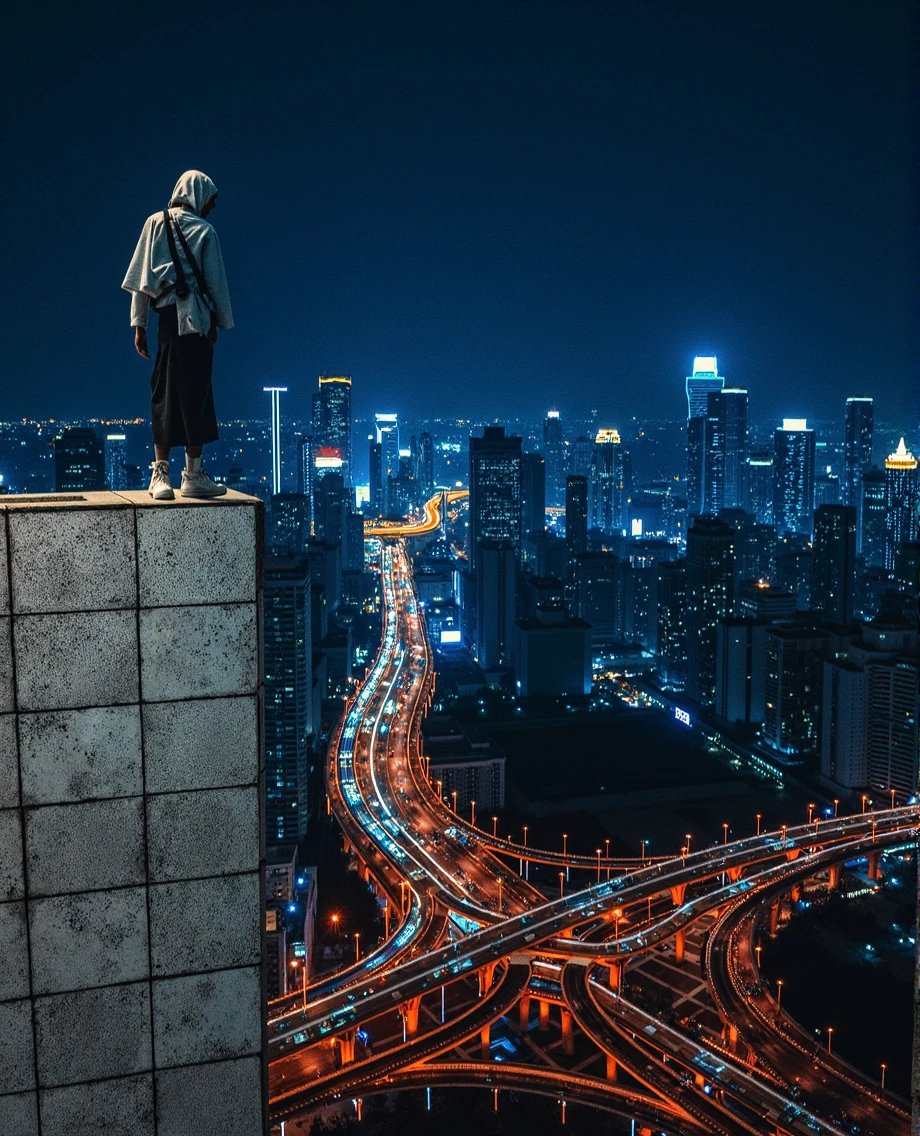 Man in techwear, standing on roof of building, massive cityscape in background, UHD, masterpiece,