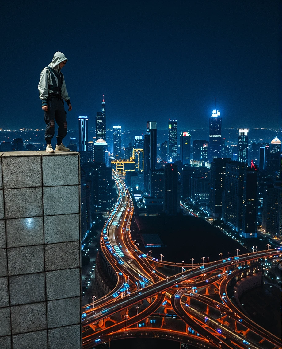 Man in techwear, standing on roof of building, massive cityscape in background, UHD, masterpiece,