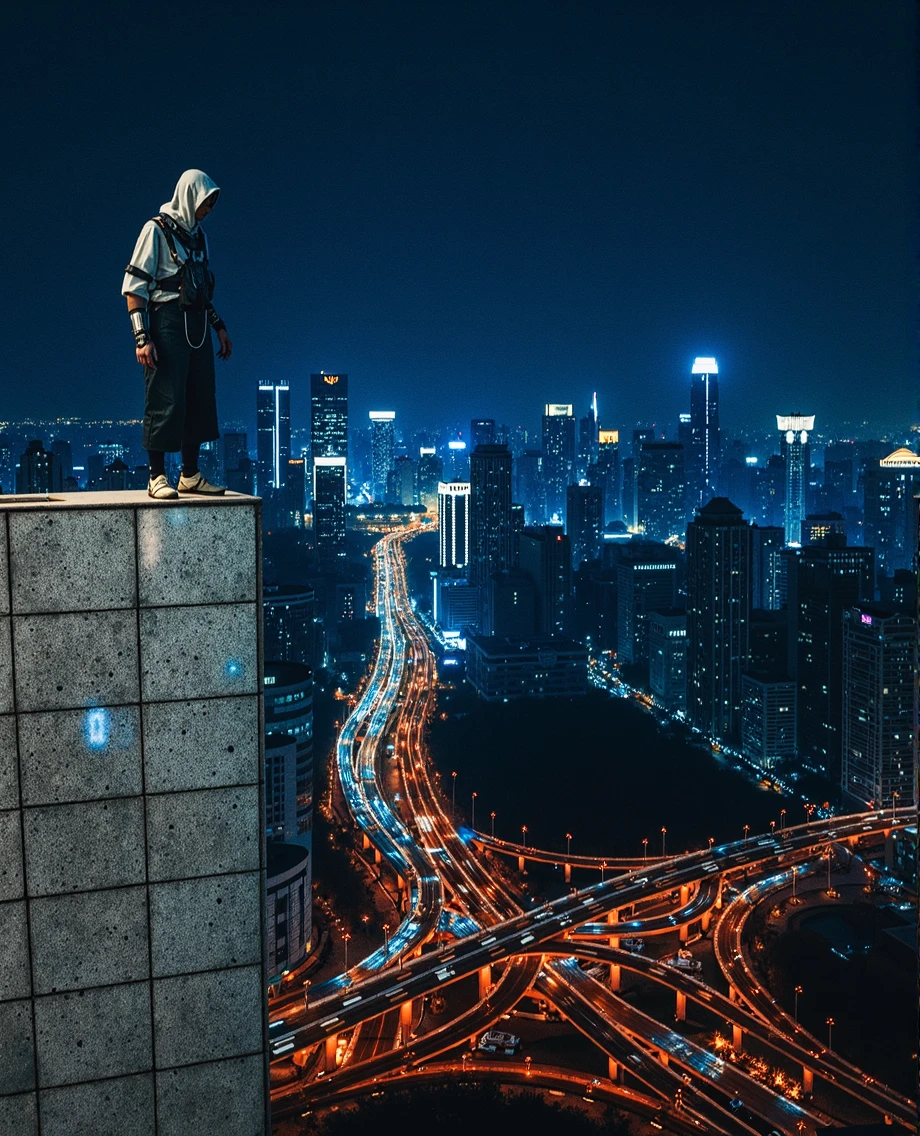 Man in techwear, standing on roof of building, massive cityscape in background, UHD, masterpiece,