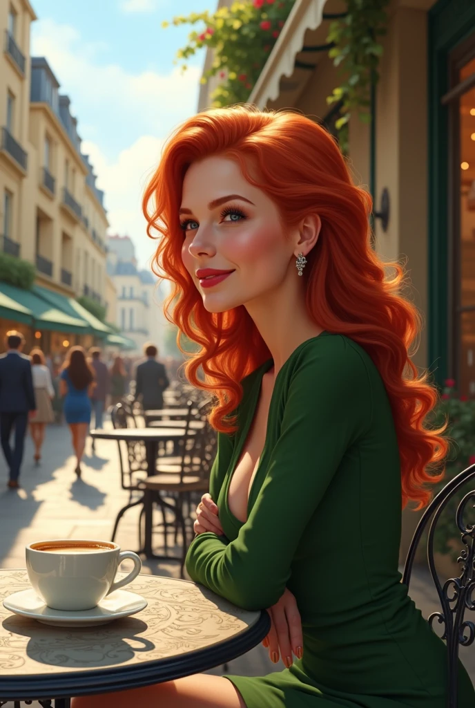 Une femme rousse, au charme indéniable, est assise à la terrasse d’un café parisien pittoresque. Ses cheveux flamboyants, légèrement ondulés, captent la lumière douce du matin, créant un contraste saisissant avec l’élégance des rues pavées de Paris. Elle porte une robe élégante verte, ajoutant une touche chic et intemporelle à son style. Devant elle, une tasse de café fumant repose sur une table en fer forgé. Ses yeux contemplent tranquillement le paysage parisien, une rue animée, en arrière-plan, reflétant une expression de sérénité et de contentement. Ses lèvres esquissent un léger sourire, comme si elle savourait ce moment simple et parfait. Autour d'elle, l'ambiance est typiquement parisienne : des passants élégants, des bâtiments haussmanniens aux balcons fleuris, et le doux murmure de la ville qui se réveille. Le ciel est clair ou légèrement nuageux, et l’air est frais, ajoutant à la scène une sensation de calme et de confort.
