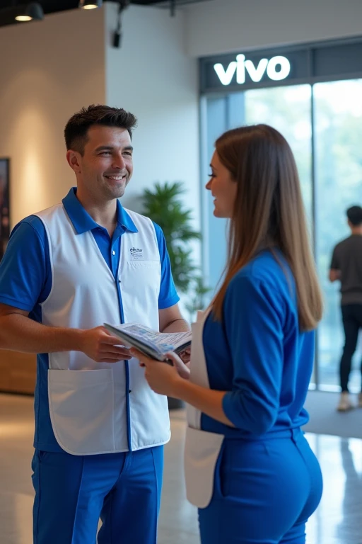 Generate an image of a Vivo salesperson handing a brochure to a customer. The salesperson should be wearing a Vivo-branded uniform (blue and white colors) and standing outdoors or near the entrance of a Vivo store. The customer should look engaged and interested. The environment should be bright and welcoming, with the Vivo logo subtly visible in the background."