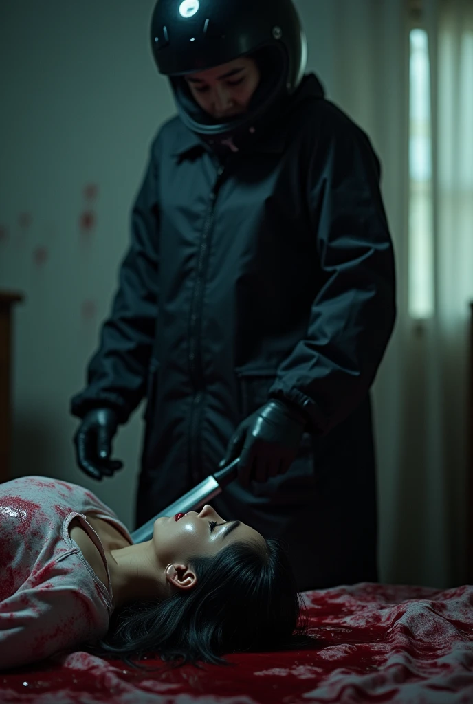 korean girl, (behind corpse, black biker helmet), holding knife, stabbing, black gloves, room full of blood, black raincoat, plump girl, holding knife, black gloves, behind multiple corpse, blood splatter, 20 years old, bed room, black wet suit, night, mass murderer, killer, robbery, dark atmosphere, cinematic lighting, atmospheric realistic, light from the window, close-up,