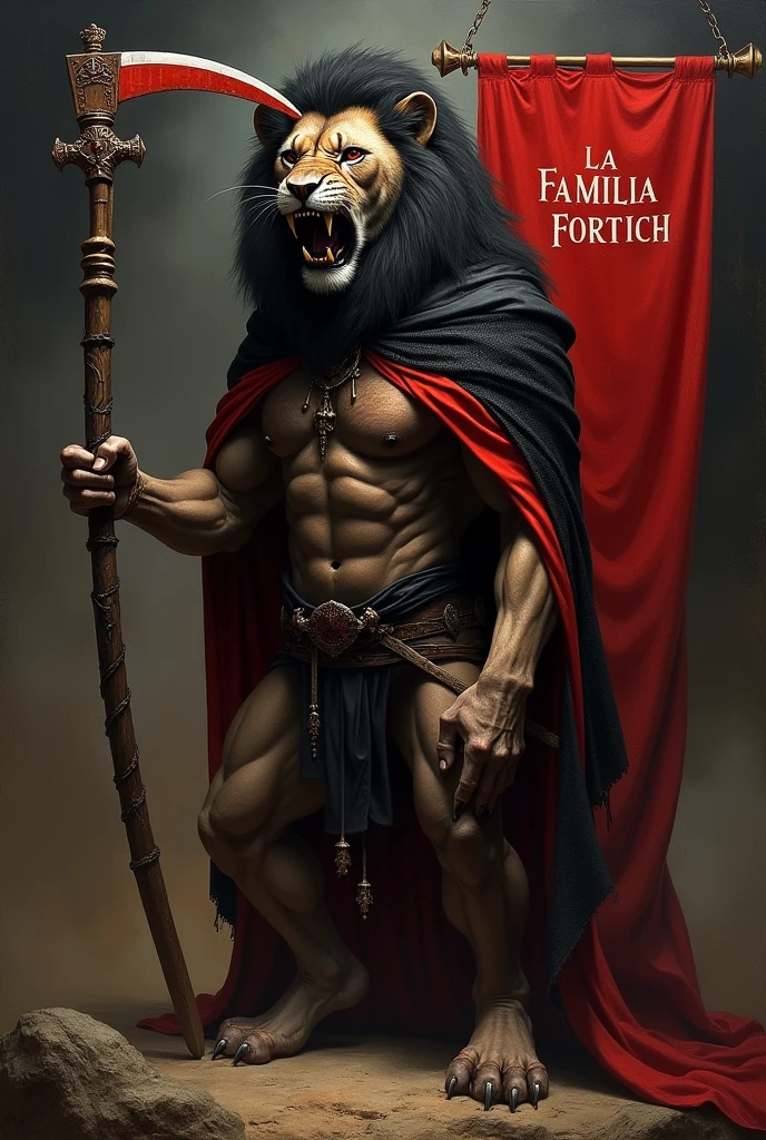 CREATE A PAINTING LIKE Renaissance. ANGRY BLACK RED LION HOLDING DEATH SICKLE WITH BLACK RED SASH AND FLAG. TEXT : LA FAMILIA FORTICH. AND DETAILED IMAGE.