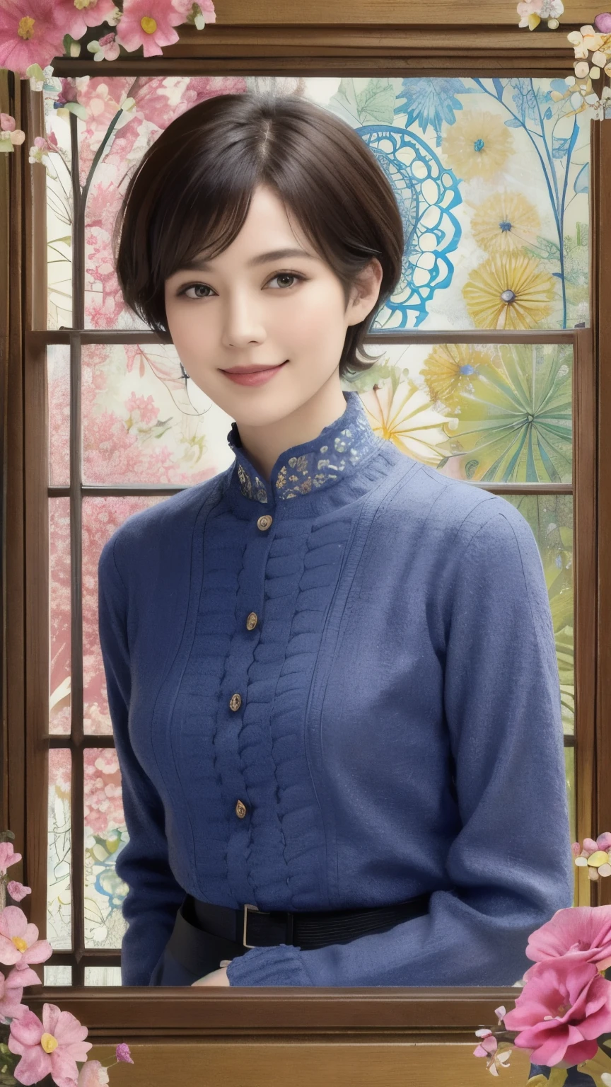 271 (20-year-old woman,short hair), (masterpiece, Highest quality, beautiful:1.2), Very detailed, (Fractal Art:1.1), (colorful:1.1), (flower:1.3), whole body, (Abstract background:1.3), (Many colors:1.4), (Old-fashioned smile), (window)