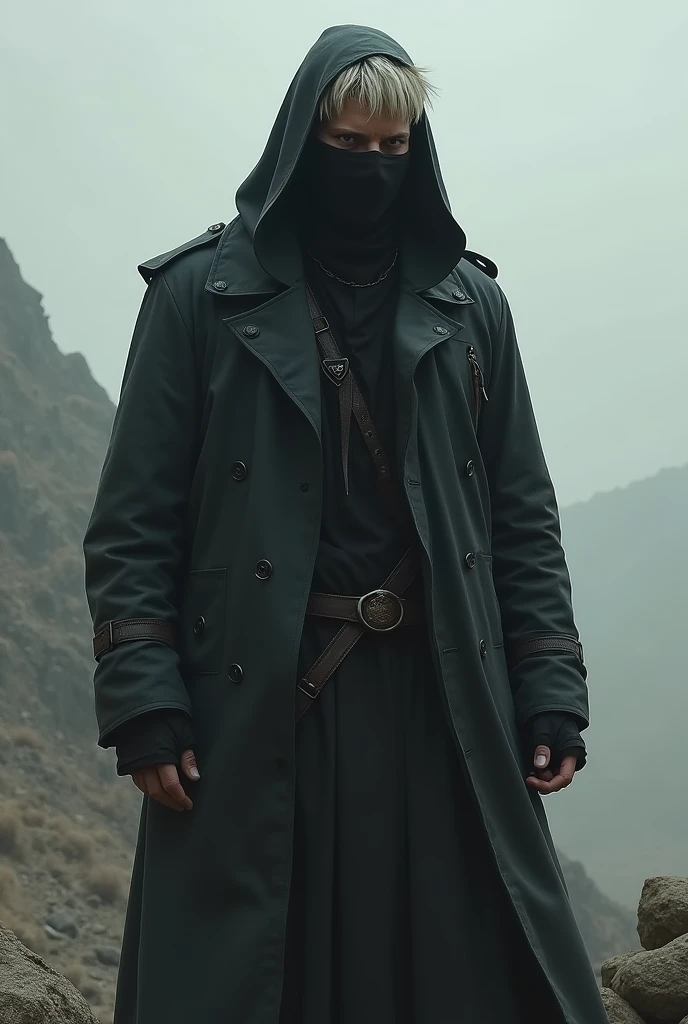 Tall man with no beard wearing a black hooded mask that covers his nose and mouth, offwhite, hair that only goes to his forehead equipped in a post-apocalyptic world with black clothes