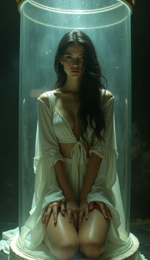 {{{{{3,318 trillion pixels high resolution, nsfw, Realistic scenery and lovely girl, In this scene the heroine is chosen as a human pillar and sealed in a kneeling posture with her legs spread in an M-shape where she is raped endlessly while staring blankly into the void, A full whipped deep cleavage rapidly emerged, the charm she exudes spurs forces her to lift her legs and open her legs and continues to fuck, thicken the lips look pretty, Boobs are fluffy and bouncy, Tits that get rounder bigger her deep tight cleavage}}}}},{{{{{A neat girl who stands on her knees and opens her crotch traces her crotch with her fingertips and with a faint moan experiences her first climax and becomes a little more mature and innocent masturbator, white cheeks, The moment when the eyes of the heroine's girl are replaced with kaleidoscopic irises, magical in a romantic Cylindrical crystal herbarium showcase filled with oil, Herbarium-soaked her tits become so plump that they break the blouse of an even smaller-sized girl and her hair grows longer and sexier while she still looks like a girl, Cuteness preserved forever shining in exchange for life from her, wearing cute ribbon blouse and skirt, frills scrunchie on her wrist, her beautiful slender underbust, slender curvy cute waistline, an lewd fetish for lips and necks and waistlines, her clearer nip line from underbust to hips, gloomy straight black wig, thick vivid lips}}}}},{{Extremely detailed}},{{{{{heroine girl's Sexually unused body with pure and innocent aura}}}}}
