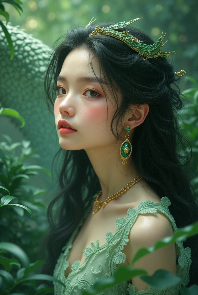 Elegant teenage girl with a dragon theme and green nuances 