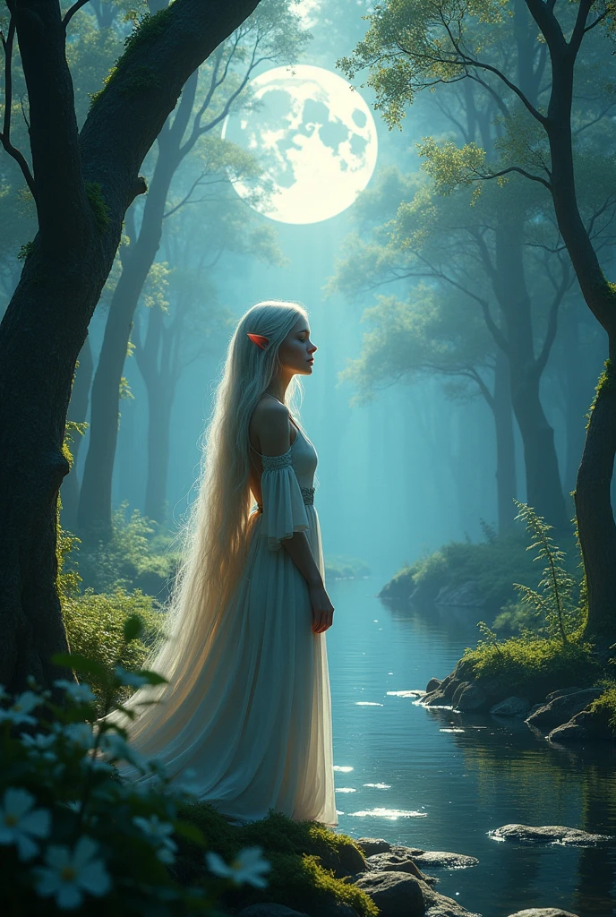 A radiant, full-bodied elf princess named Liora finds herself lost in the heart of a mystical forest.., where ancient trees whisper secrets and shadows play under the silver glow of the moon. while she wanders, The melodies of invisible creatures guide her to the enchanting Moonwater Lake., Its depths contain reflections of forgotten tales. With an ethereal grace, Liora navigates the mysterious kingdom, Finding enigmatic beings and unraveling the threads of a destiny woven in the magical fabric of Tolkienian tradition.. The mystical embrace of the forest and the secrets within the lake reveal a journey that reflects the timeless spirit of the elves' beauty and courage.., Nikon Z8 + NIKKOR Z 24-120 mm f/4 s, perfect face, long straight light blonde-white hair, detailed face, 8k, ultra high resolution.photorealistic, HD, masterpiece, raw, innocent, Pure, Pale skin, gray blue eyes, luz magica, bright light, Foggy